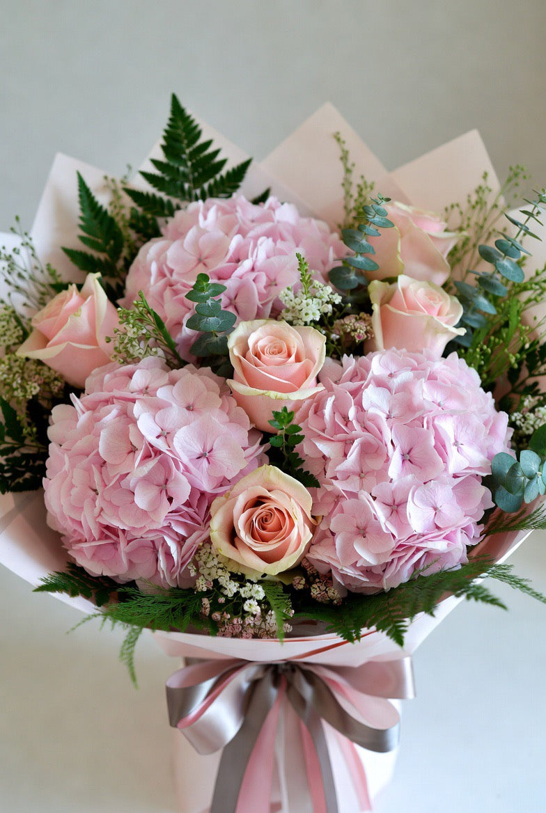 Pink Hydrangea and soft pink rose Hand-Tie