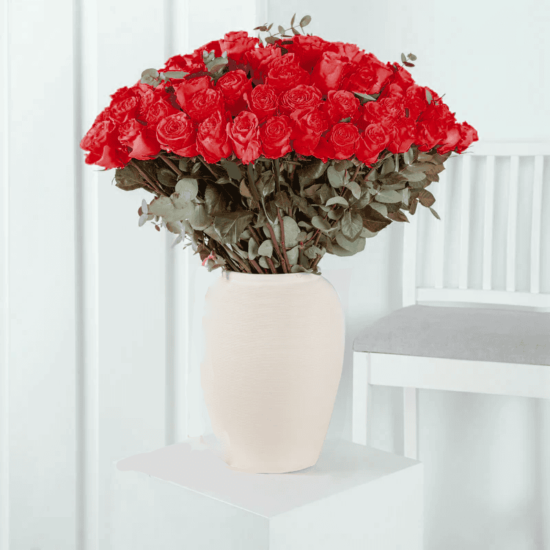 100 Long Stem Red Roses Vase