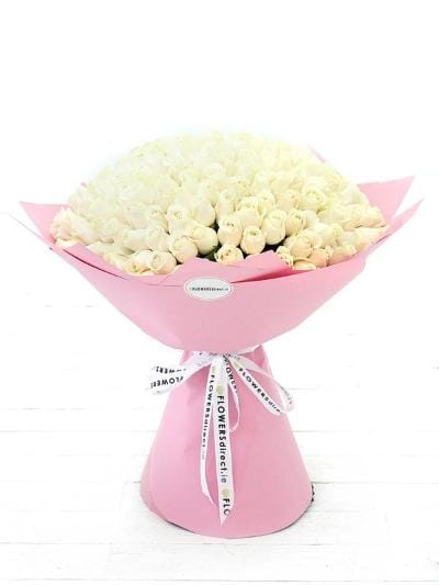 100 Long Stem White Rose Hand-Tied - Harrys Flowers London