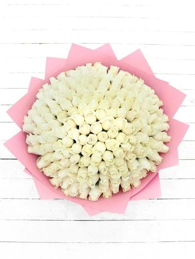 100 Long Stem White Rose Hand-Tied - Harrys Flowers London