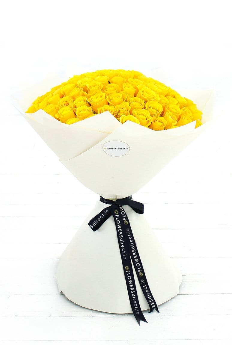 100 Long Stem Yellow Rose Hand-tied - Harrys Flowers London