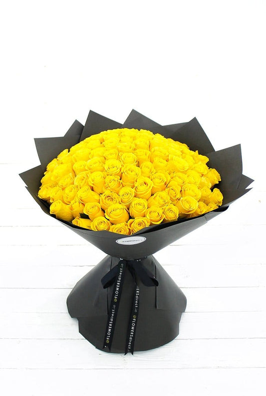 100 Long Stem Yellow Rose Hand-tied - Harrys Flowers London