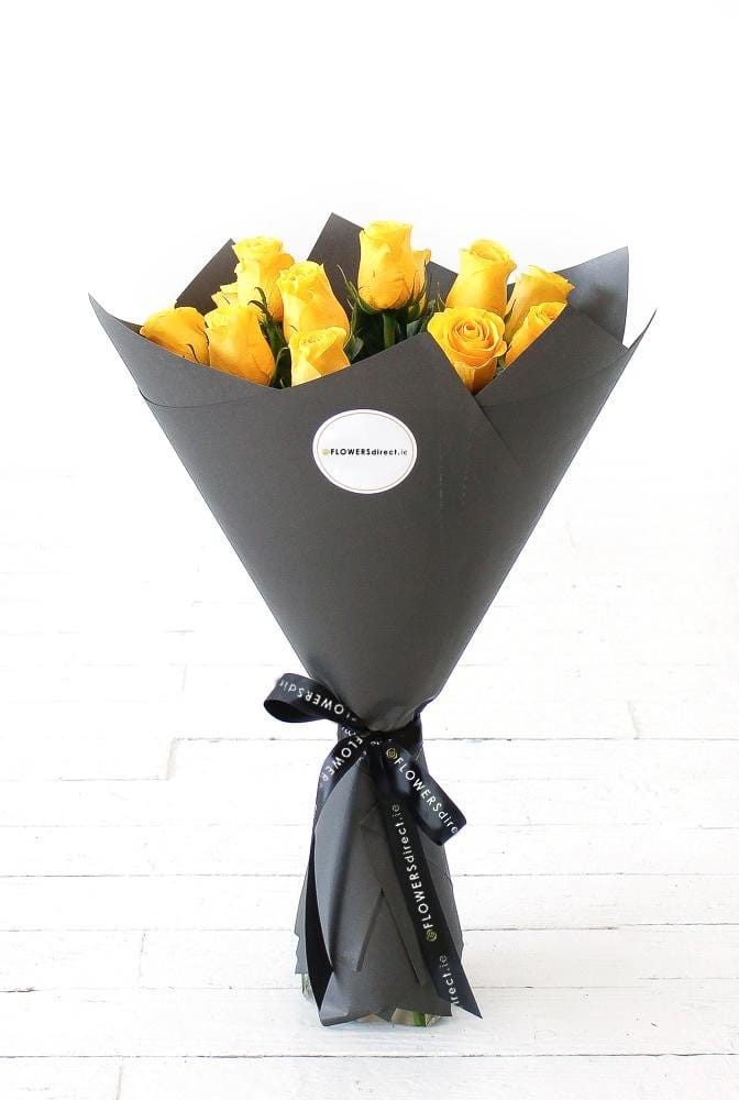 12 Long Stem Yellow Rose Hand-tied - Harrys Flowers London