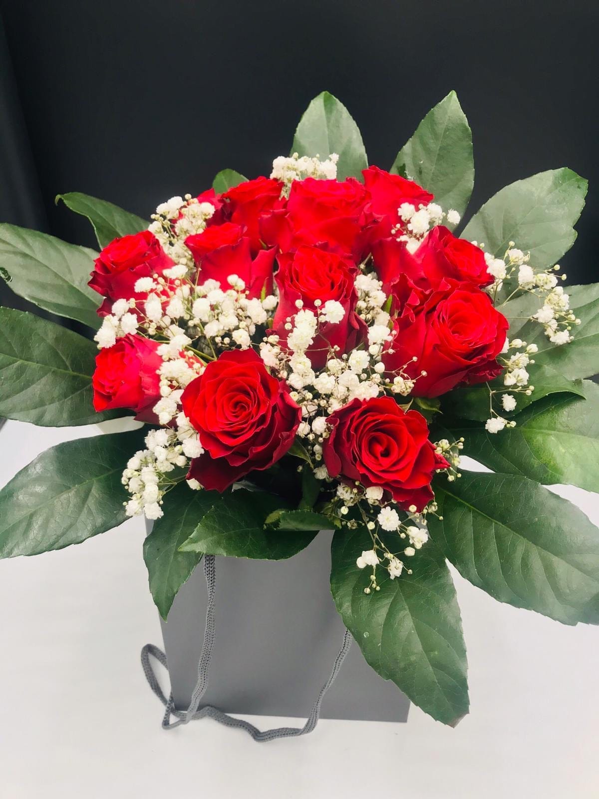 12 x 50cm Red rose and gyp hand tie - Harrys Flowers London