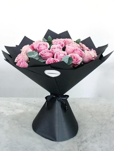 24 Long Stem Pink Rose Hand-Tied - Harrys Flowers London