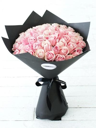 Feminine Elegance: 50 Pink Roses Hand-tied Bouquet