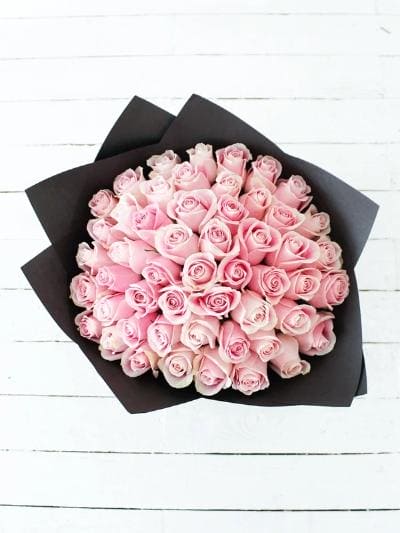 Feminine Elegance: 50 Pink Roses Hand-tied Bouquet