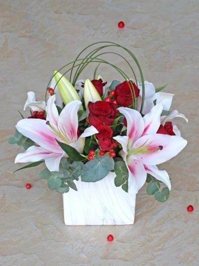 Pink Lily And Rose Deluxe in a luxury marble effect ceramic vase - Harrys Flowers London