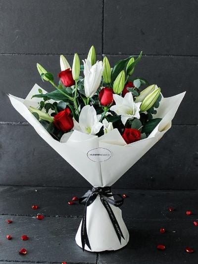 white lily red rose bouquet Red Rose and White Lily Hand-tied Bouquet – Harrys Flowers London