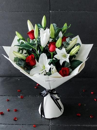 Red Rose and White Lily Hand-tied - Harrys Flowers London