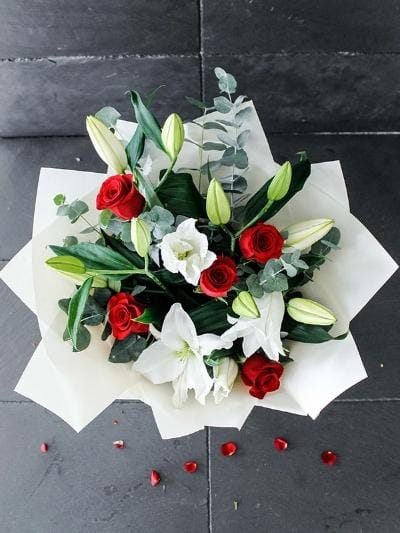 Red Rose and White Lily Hand-tied - Harrys Flowers London