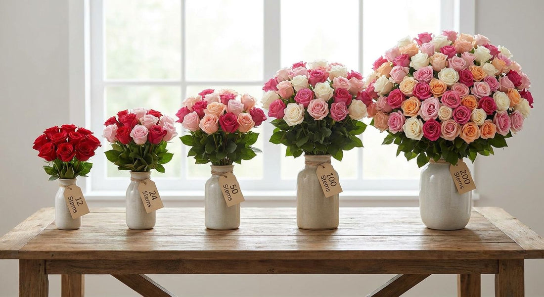 Rose bouquets ranked by stem count: 12 to 200 compared