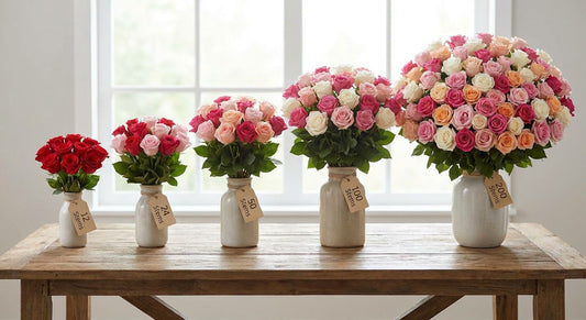 Rose bouquets ranked by stem count: 12 to 200 compared