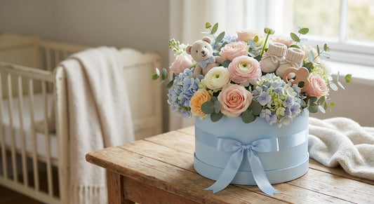 Hat box flower deliveries for a new baby gift