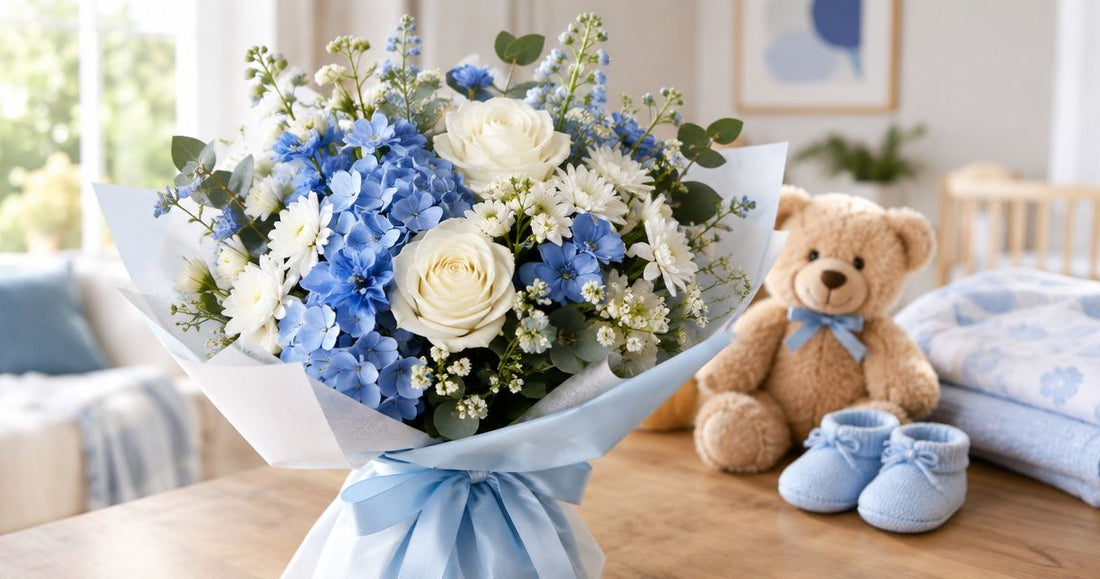 Best blue and white flower bouquets for a new baby boy gift