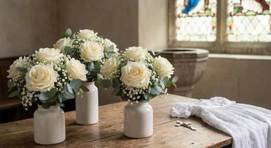 Christening flowers: white rose bouquets for a baby’s special day