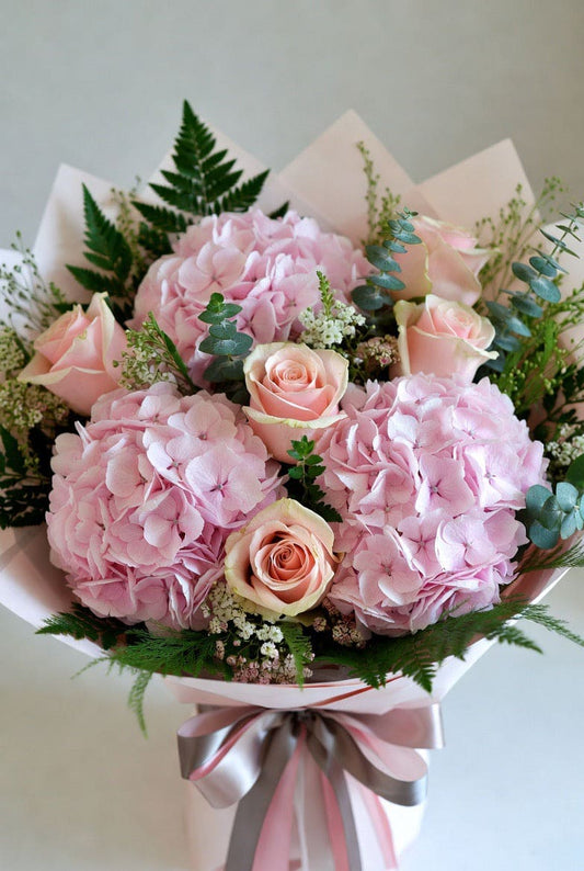 Pink Hydrangea and soft pink rose Hand-Tie