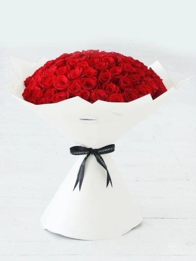 100 Long Stem Red Rose Hand-Tied - Harrys Flowers London