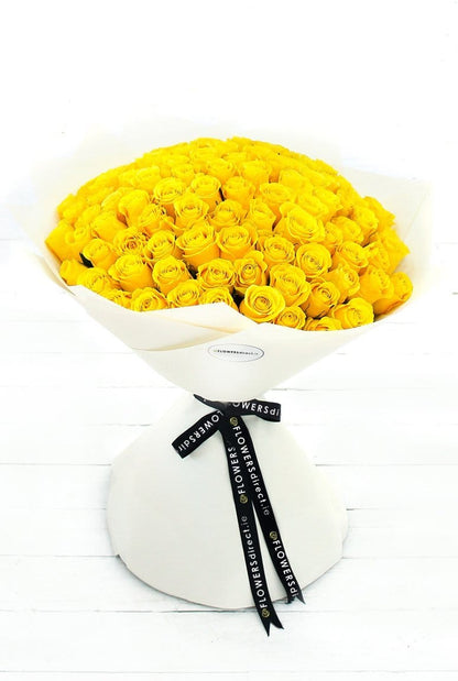100 Long Stem Yellow Rose Hand-tied - Harrys Flowers London