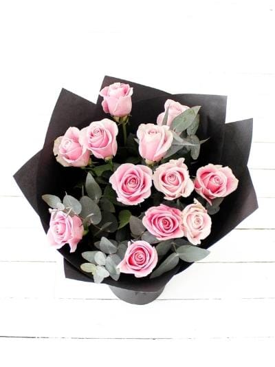 12 Long Stem Pink Rose Hand-Tied - Harrys Flowers London