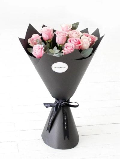 12 Long Stem Pink Rose Hand-Tied - Harrys Flowers London