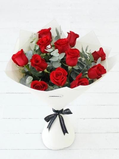 12 Long Stem Red Rose Hand-Tied - Harrys Flowers London