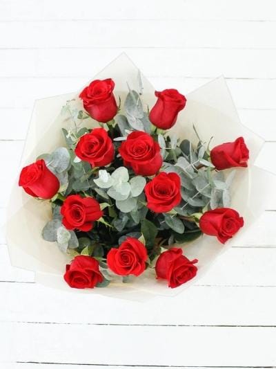 12 Long Stem Red Rose Hand-Tied - Harrys Flowers London