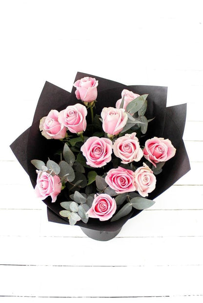 12 Pink Roses Hand-tied - Harrys Flowers London