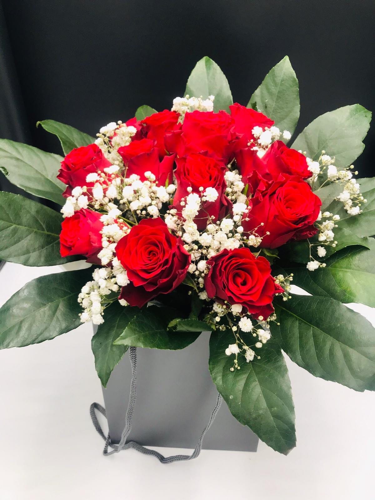 12 x 50cm Red rose and gyp hand tie - Harrys Flowers London