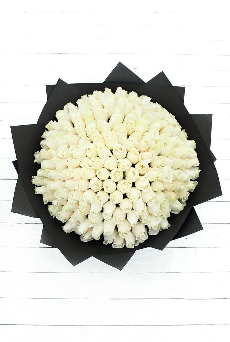 200 Long Stem White Rose Hand-tied - Harrys Flowers London