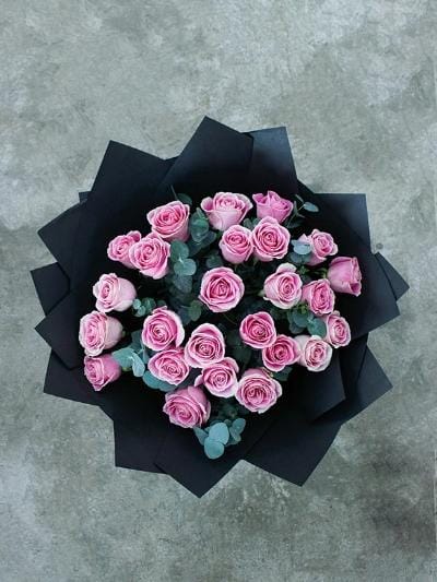 24 Long Stem Pink Rose Hand-Tied - Harrys Flowers London