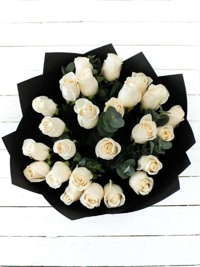 24 Long Stem White Rose Hand-tied - Harrys Flowers London