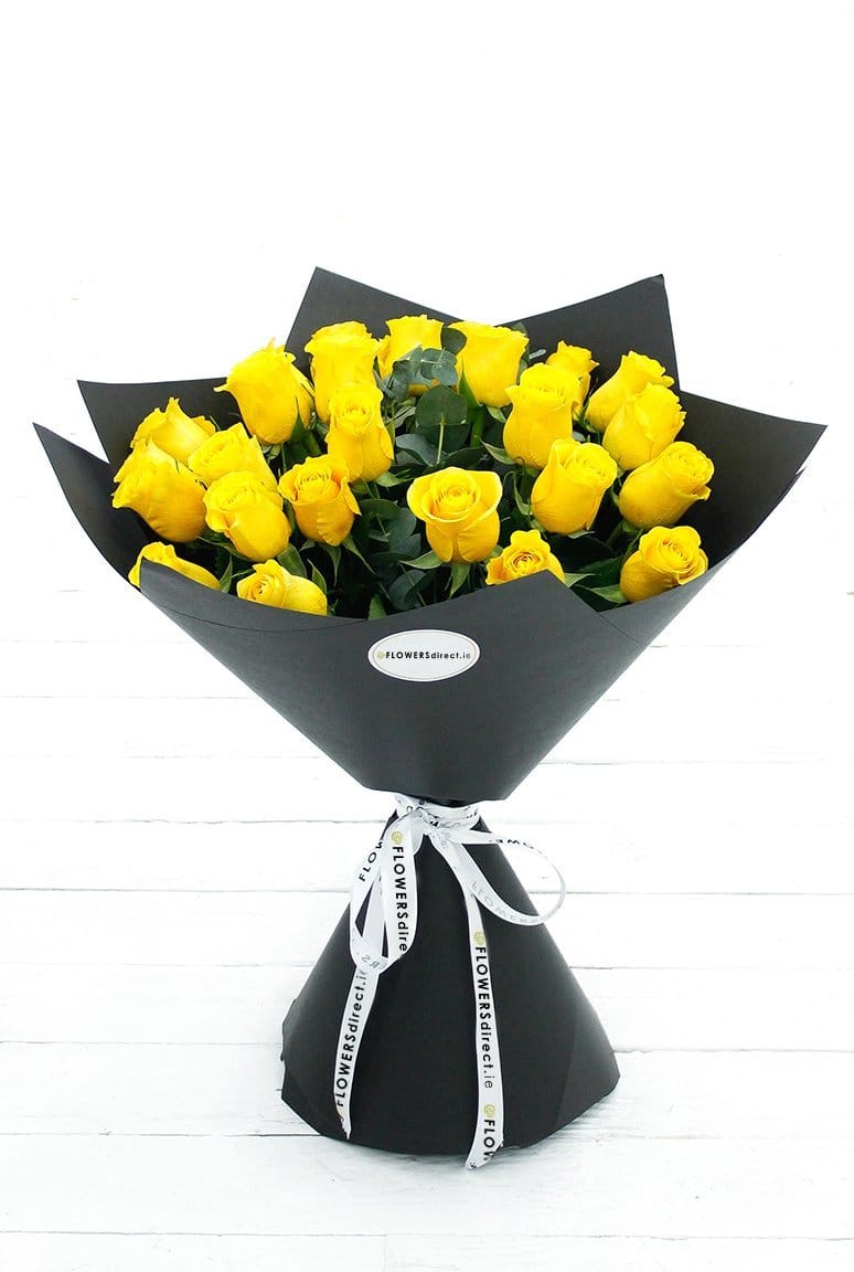 24 Long Stem Yellow Rose Hand-tied - Harrys Flowers London
