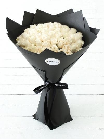 50 Long Stem White Rose Hand-tied - Harrys Flowers London
