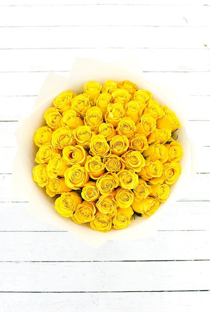 50 Long Stem Yellow Rose Hand-tied - Harrys Flowers London