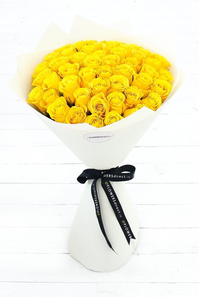 50 Long Stem Yellow Rose Hand-tied - Harrys Flowers London