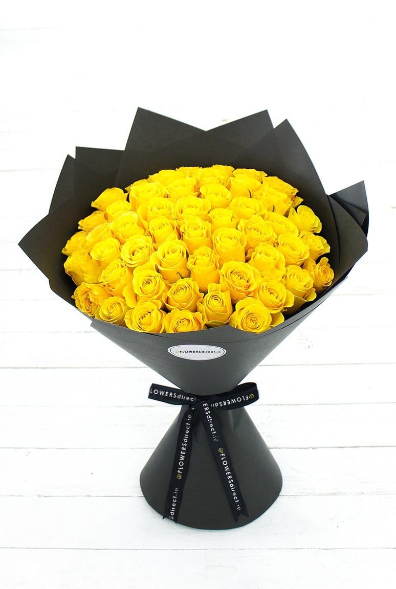 50 Long Stem Yellow Rose Hand-tied - Harrys Flowers London