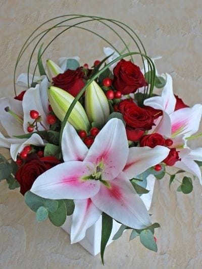 Pink Lily And Rose Deluxe in a luxury marble effect ceramic vase - Harrys Flowers London