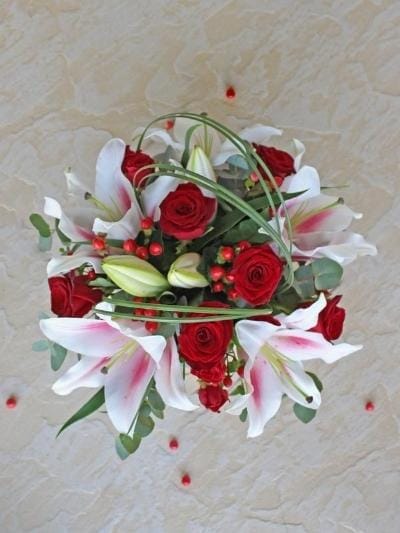Pink Lily And Rose Deluxe in a luxury marble effect ceramic vase - Harrys Flowers London