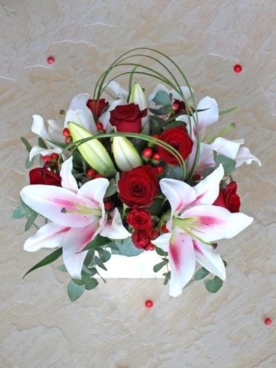 Pink Lily And Rose Deluxe in a luxury marble effect ceramic vase - Harrys Flowers London