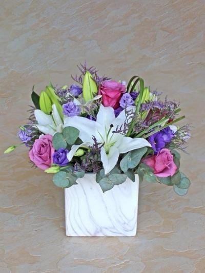 Purple Palisade Deluxe in a luxury marble effect ceramic vase - Harrys Flowers London