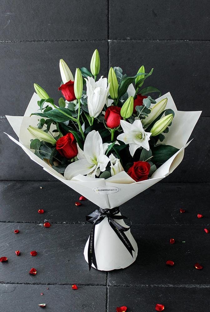 Romantic Red Rose and Lily Bouquet - Harrys Flowers London