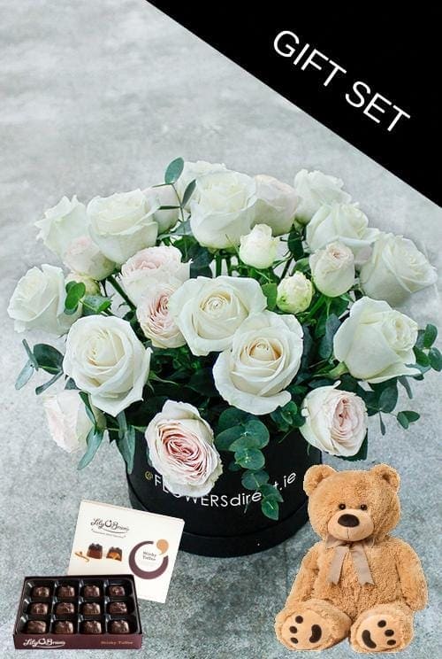 White Kisses Hatbox with Teddy & Chocolates - Harrys Flowers London